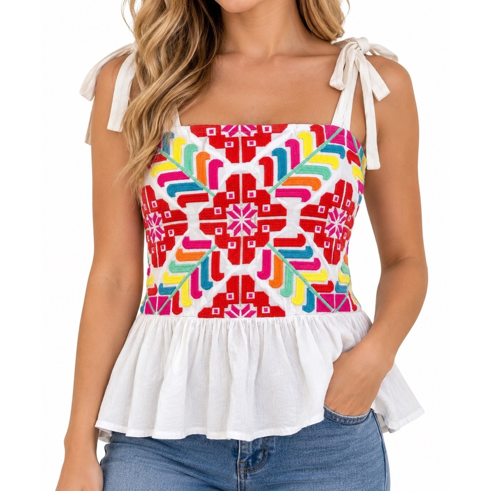 J. Marie Embroidered Tie Shoulder Smocked Peplum Camisole Top White Small JM1163